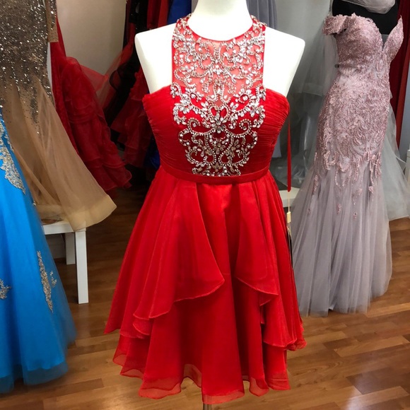 red prom dress with rhinestones